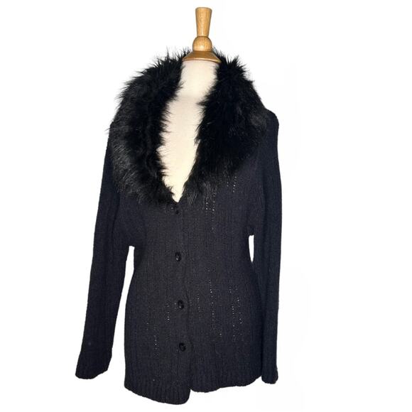 M.K.M Designs Wool Blend Button Front Sweater Black Faux Fur Collar Cardigan - Picture 1 of 3
